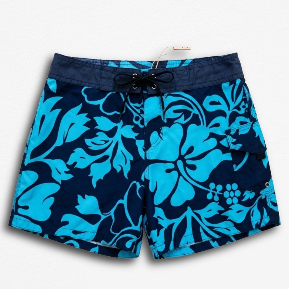Tapa Threads Womens Blue Hibiscus Floral Board Shorts Y2K Surf Trunks Size 7